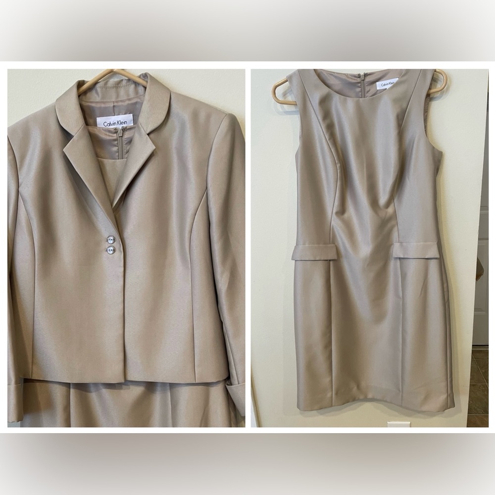 Calvin Klein 2 Pc Shiny Tan Sleeveless Dress & Jacket S 8P